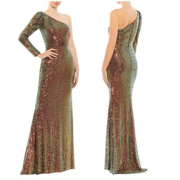 Mac Duggal NWT Sequined One Shoulder Trumpet Gown Iridescent Size 10 Puff Sleeve - Picture 1 of 10